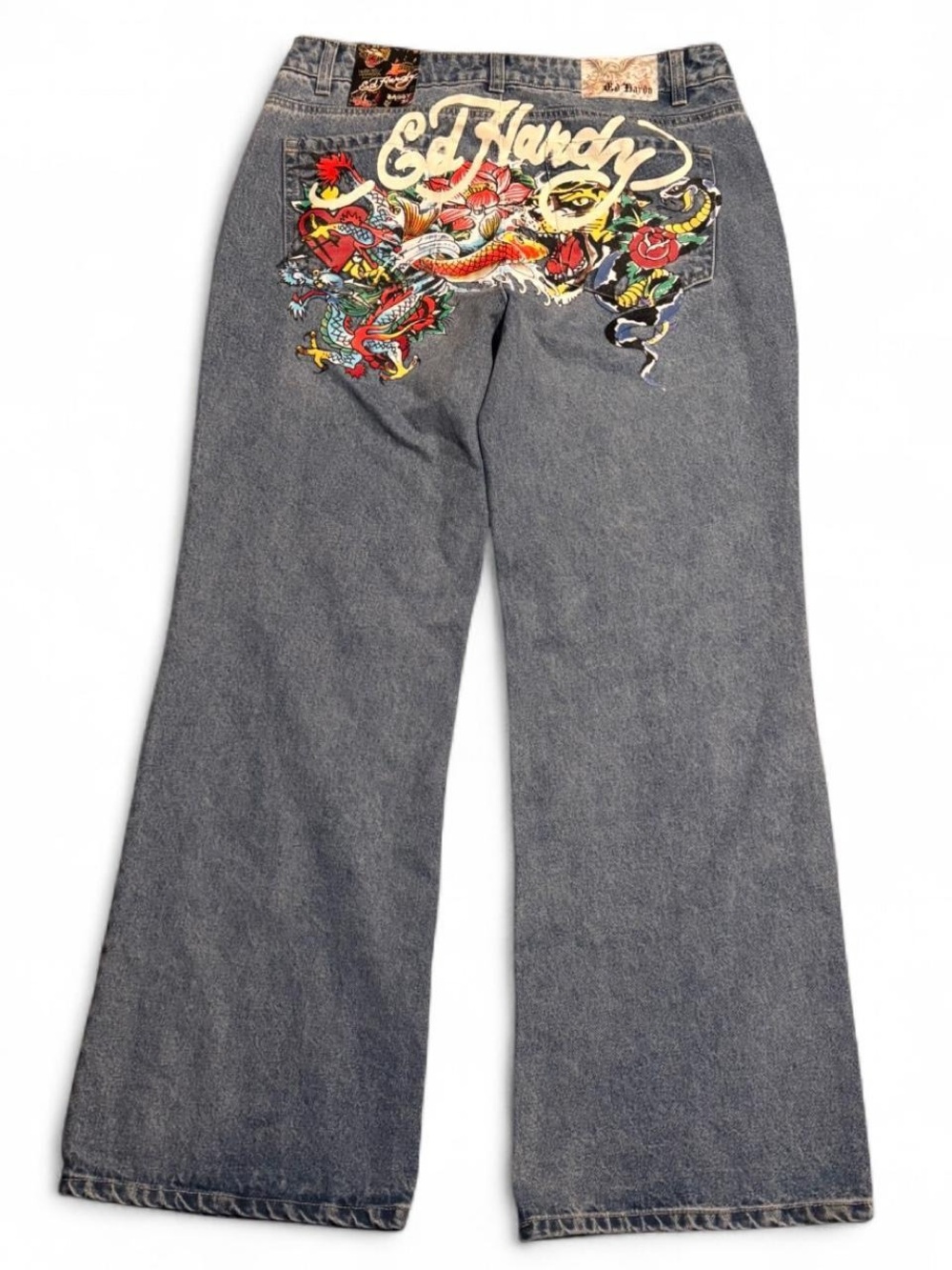 Y2K Ed Hardy Multi Tattoo Baggy Big Print Denim Jeans Women’s Size 32 New